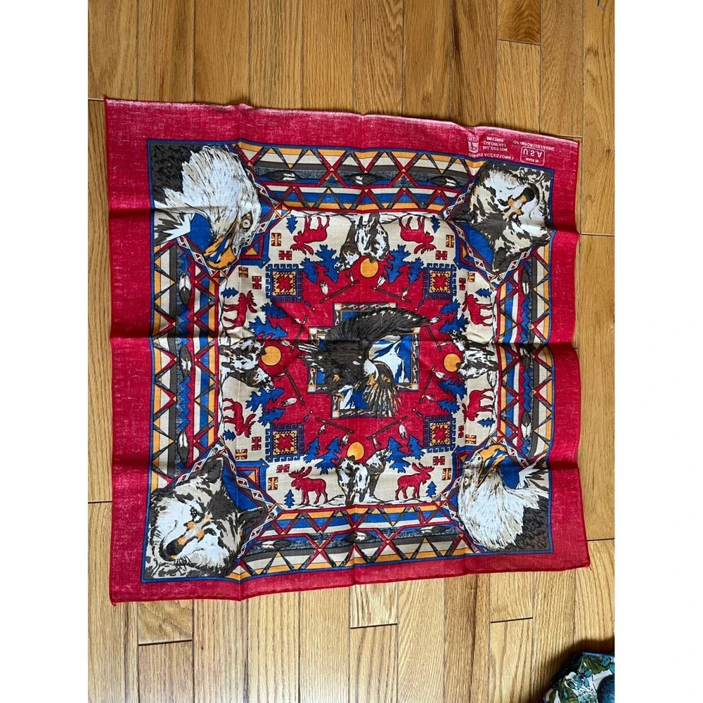 Vintage Paris‎ Accessories Wolf Eagle Bandana Red Cotton Made in USA 21x21 Scarf